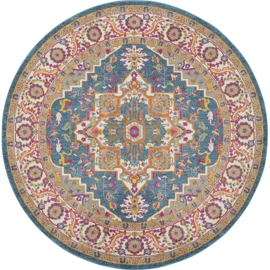 8' Gray Round Floral Power Loom Area Rug Photo 4