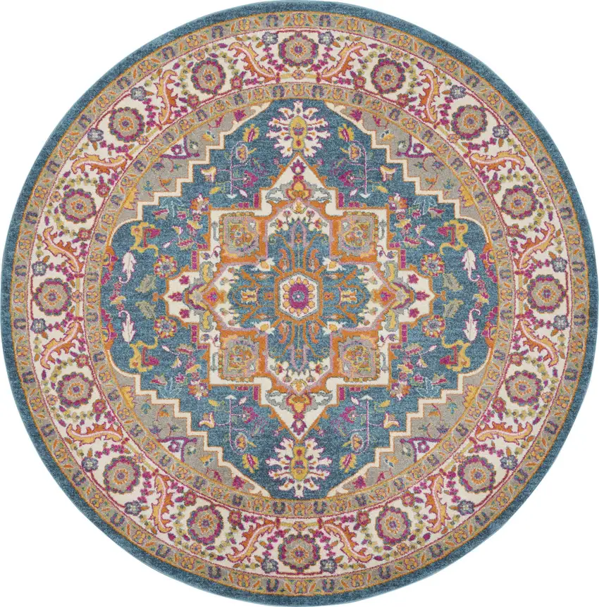 8' Gray Round Floral Power Loom Area Rug Photo 4