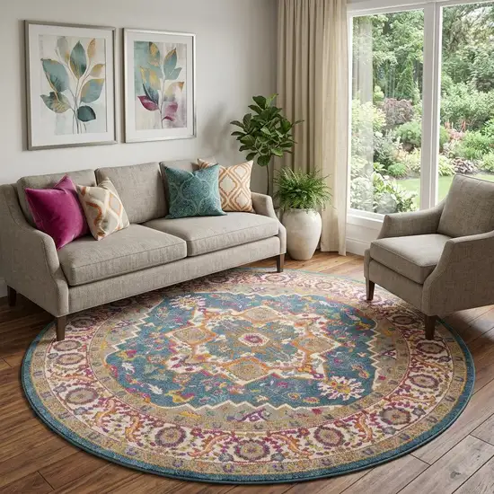 8' Gray Round Floral Power Loom Area Rug Photo 1