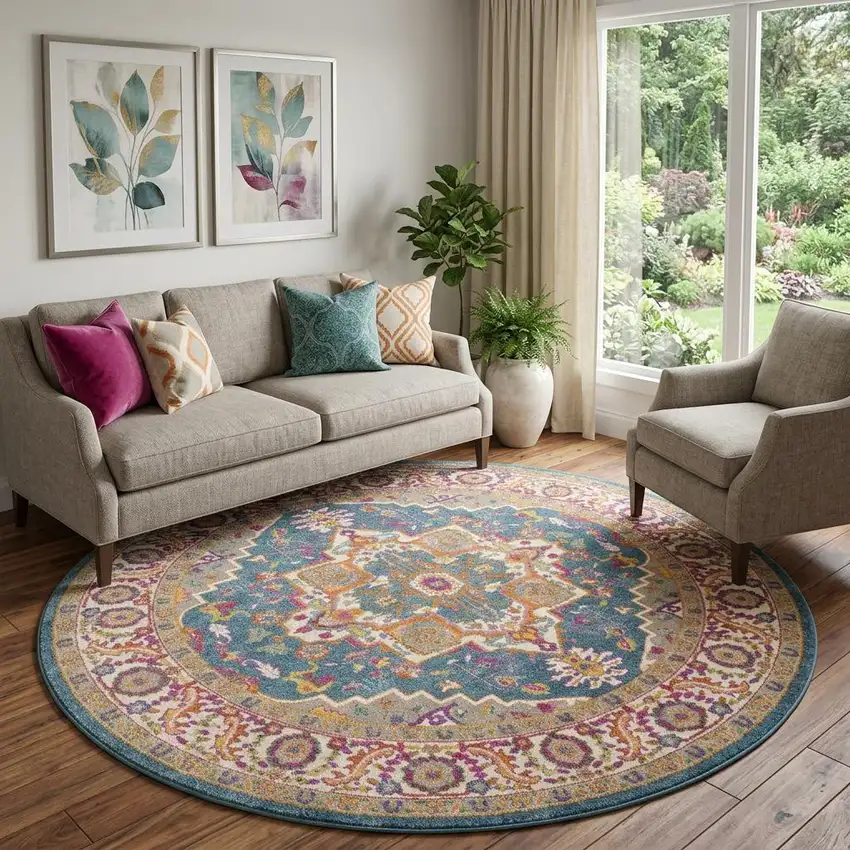 8' Gray Round Floral Power Loom Area Rug Photo 1