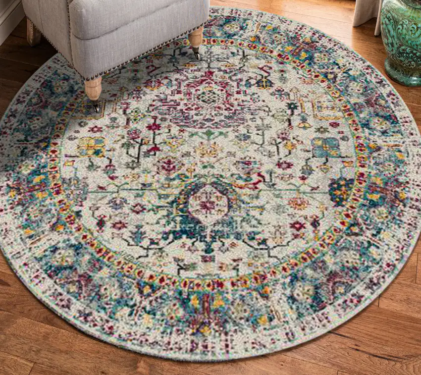7' Gray Round Floral Power Loom Area Rug Photo 3