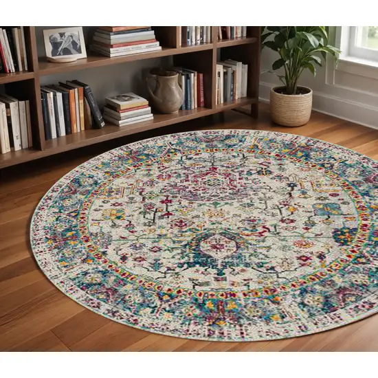 7' Gray Floral Power Loom Round Rug Photo 1
