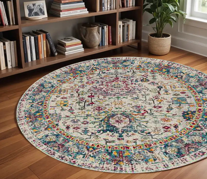 7' Gray Floral Power Loom Round Rug Photo 1