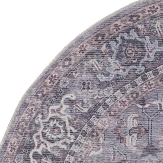 8' Gray Round Floral Power Loom Distressed Area Rug Photo 7