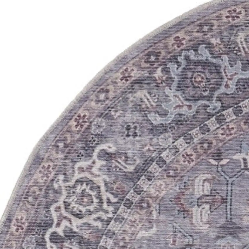 8' Gray Round Floral Power Loom Distressed Area Rug Photo 7