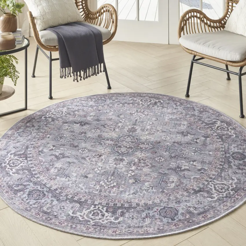 8' Gray Round Floral Power Loom Distressed Area Rug Photo 5