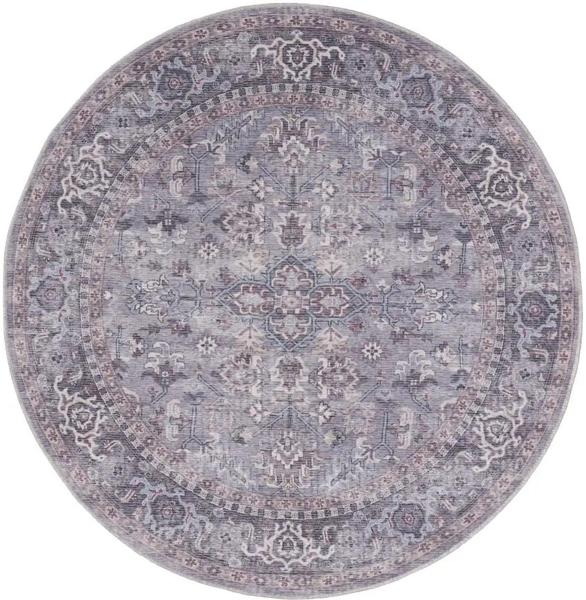 8' Gray Round Floral Power Loom Distressed Area Rug Photo 2