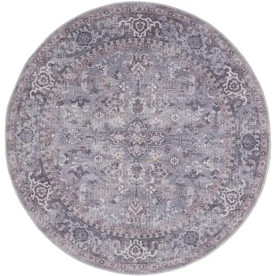 8' Gray Round Floral Power Loom Distressed Area Rug Photo 1