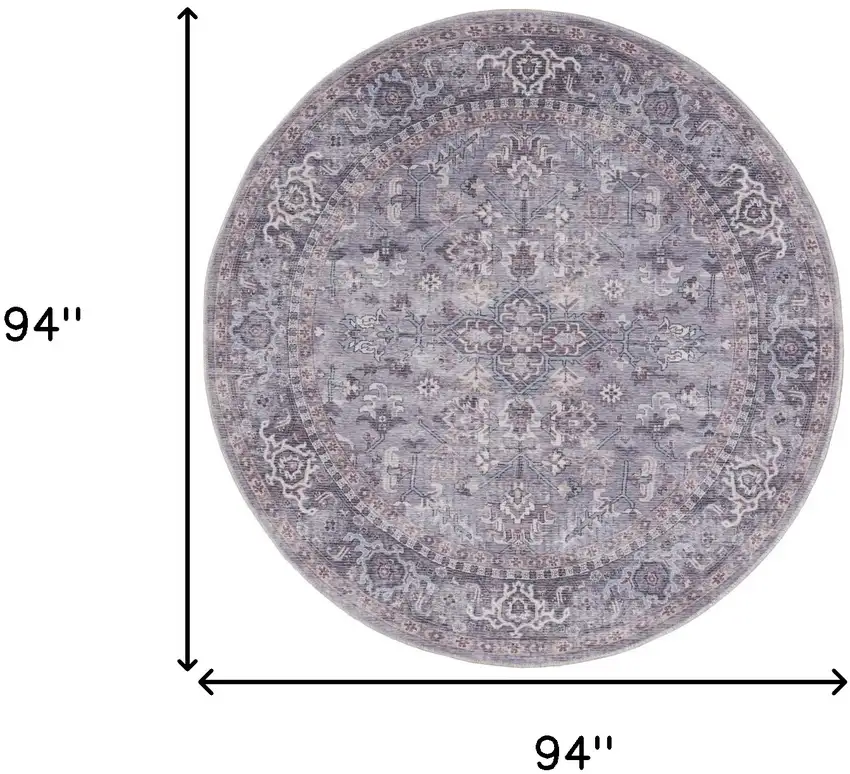 8' Gray Round Floral Power Loom Distressed Area Rug Photo 3