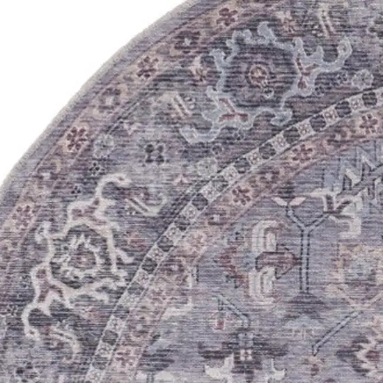 8' Gray Round Floral Power Loom Distressed Area Rug Photo 4
