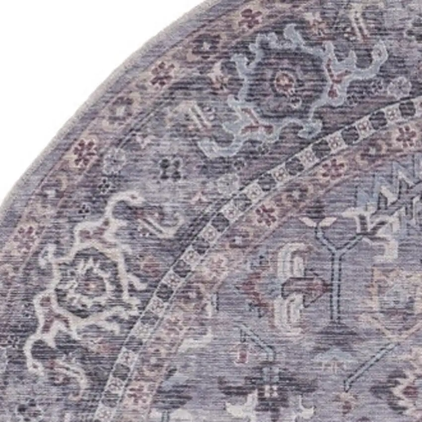 8' Gray Round Floral Power Loom Distressed Area Rug Photo 4