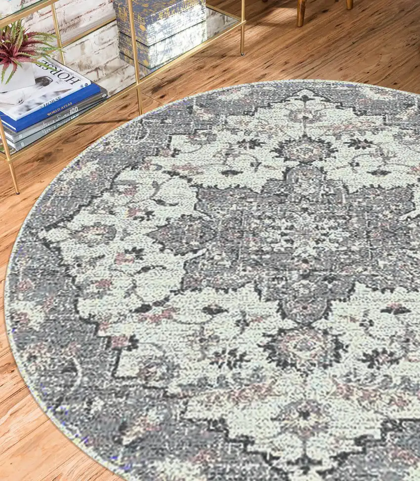 7' Gray Round Medallion Power Loom Area Rug Photo 5