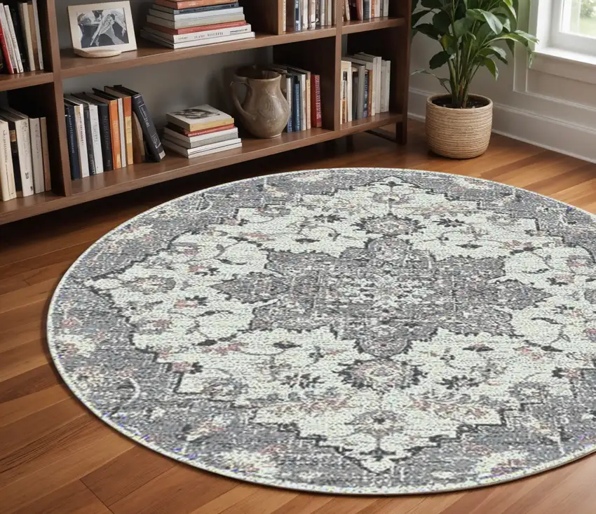 7' Gray Medallion Power Loom Round Rug Photo 1