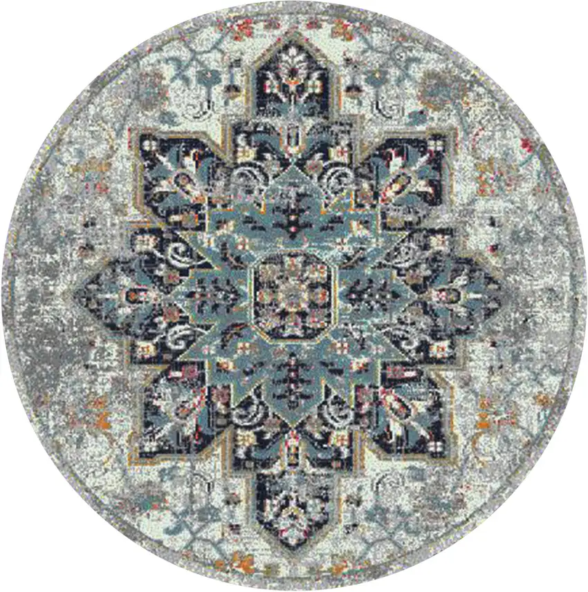 7' Gray Round Medallion Power Loom Area Rug Photo 1