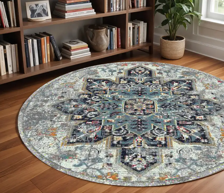 7' Gray Medallion Power Loom Round Rug Photo 1