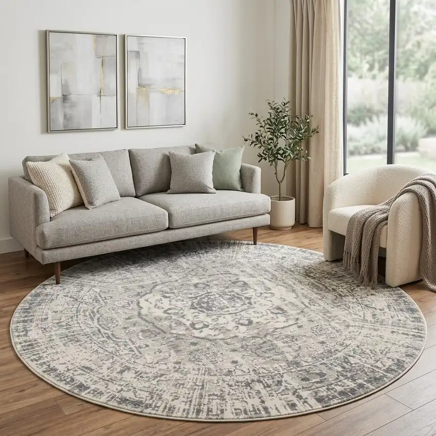 8' Gray And Ivory Medallion Round Rug Photo 1