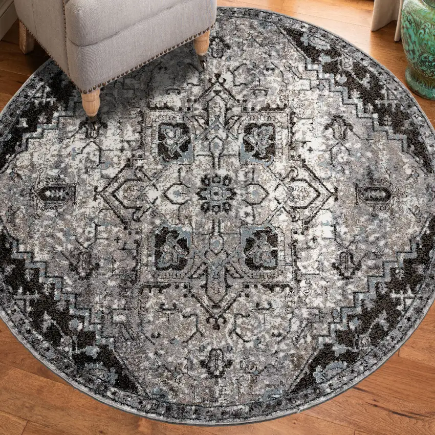 6' Gray Round Medallion Power Loom Area Rug Photo 5