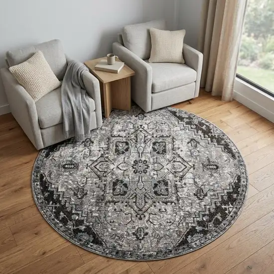 6' Black And Gray Medallion Round Rug Photo 1
