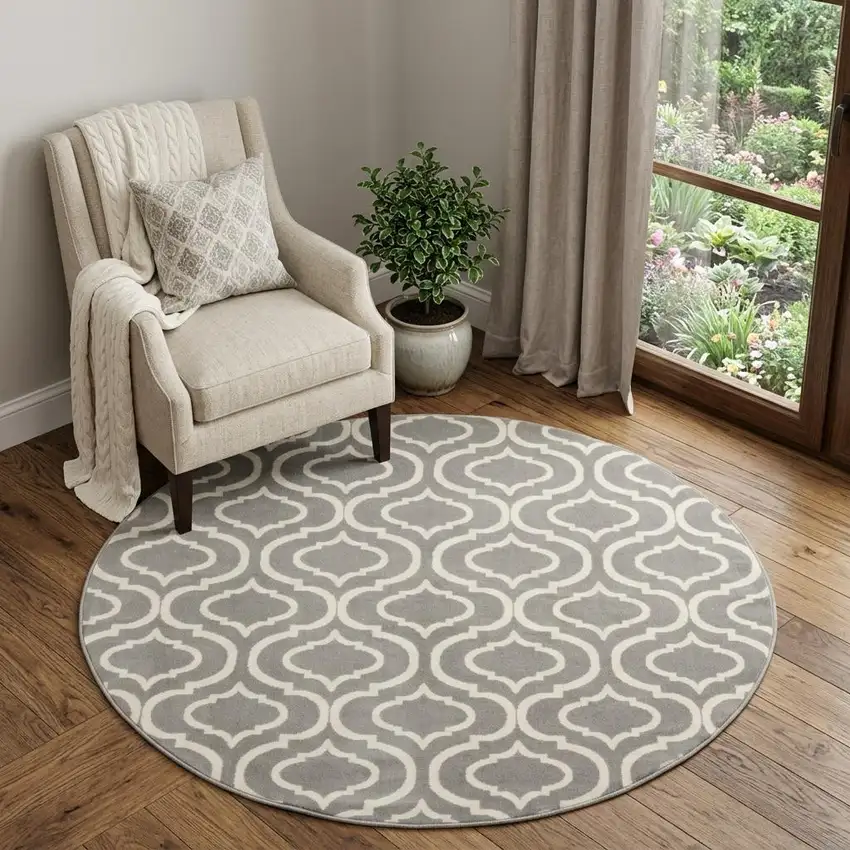5' Gray Round Moroccan Power Loom Area Rug Photo 1