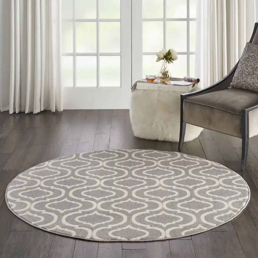 5' Gray Round Moroccan Power Loom Area Rug Photo 5