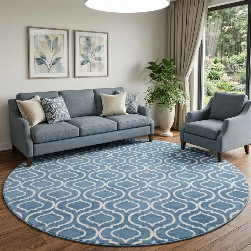 8' Gray Round Moroccan Power Loom Area Rug Photo 1