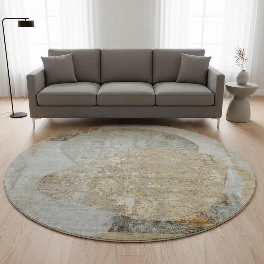 8' Gray Rust And Beige Abstract Washable Round Rug With UV Protection Photo 2
