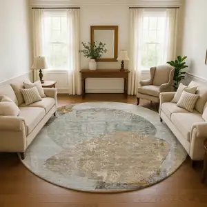 Photo of 8' Gray Rust And Beige Abstract Washable Round Rug With UV Protection