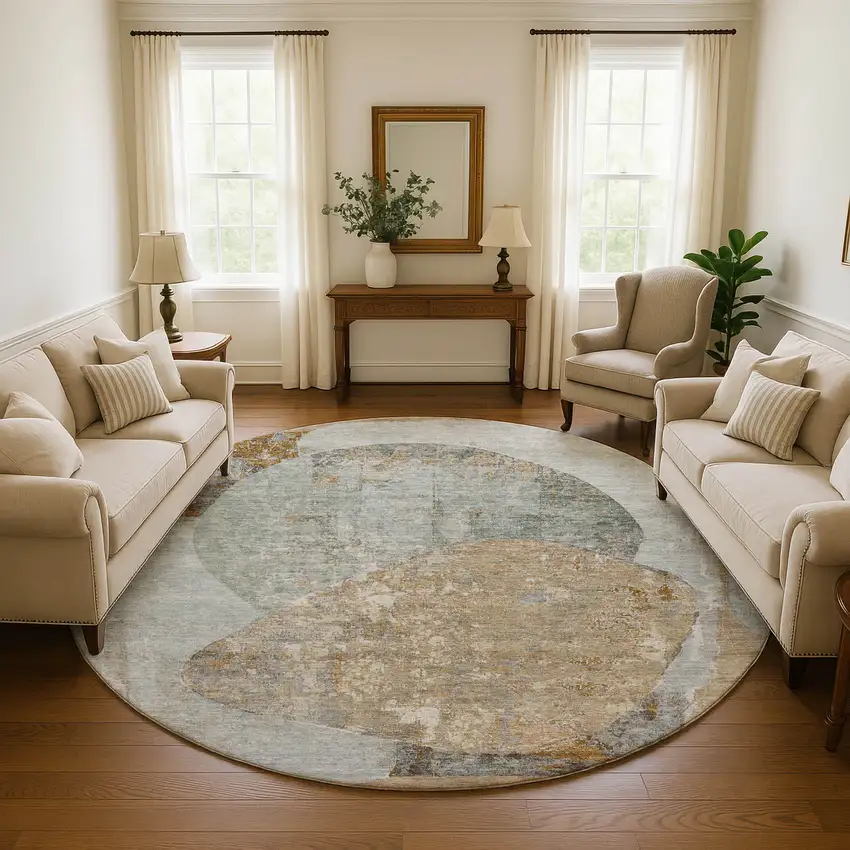 8' Gray Rust And Beige Abstract Washable Round Rug With UV Protection Photo 4