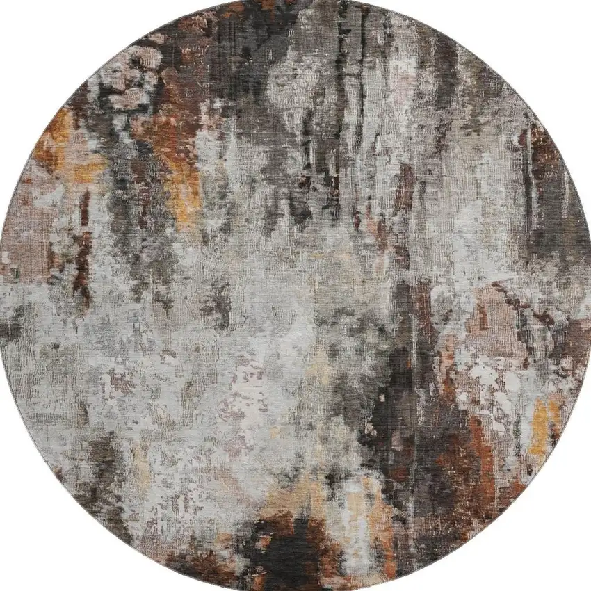8' Gray Rust And Ivory Abstract Washable Round Rug With UV Protection Photo 3