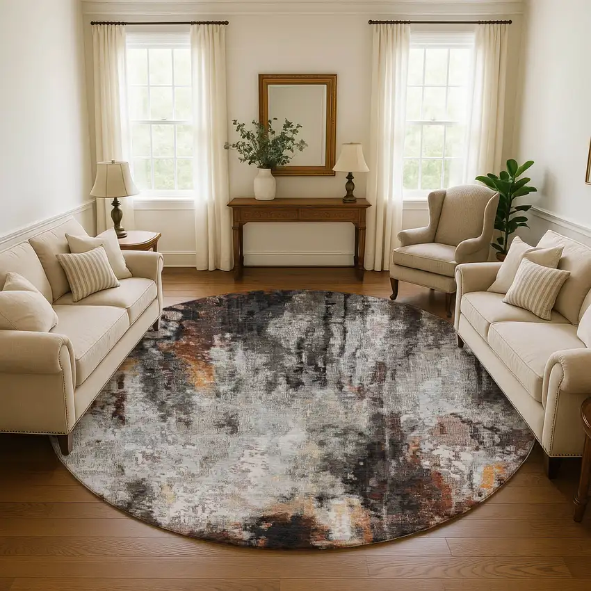 8' Gray Rust And Ivory Abstract Washable Round Rug With UV Protection Photo 4