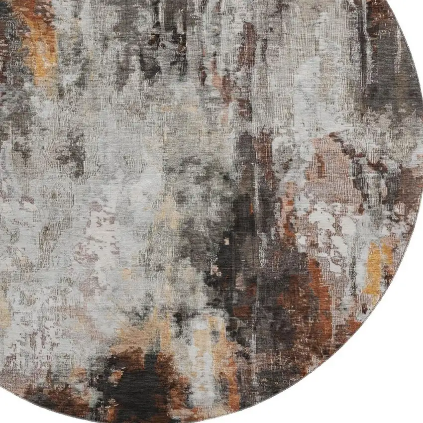 8' Gray Rust And Ivory Abstract Washable Round Rug With UV Protection Photo 2