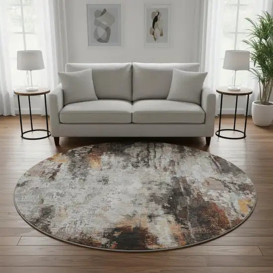 8' Gray Rust And Ivory Abstract Washable Round Rug With UV Protection Photo 2