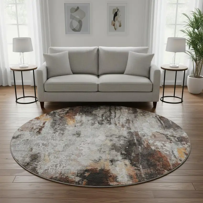 8' Gray Rust And Ivory Abstract Washable Round Rug With UV Protection Photo 2