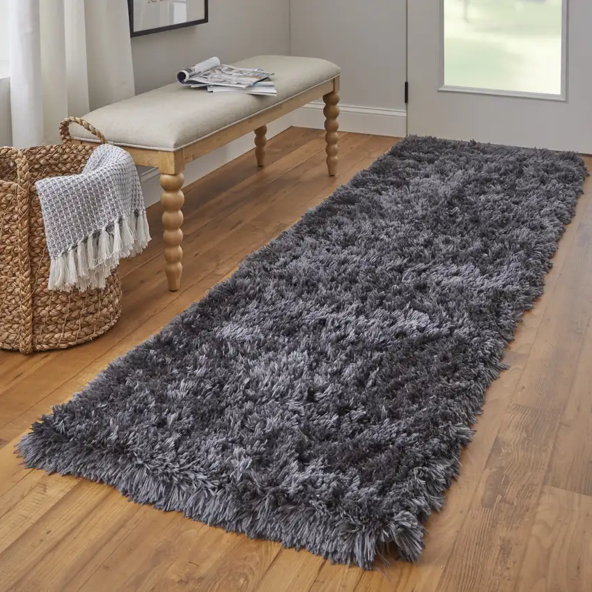 8' Gray Shag Hand Tufted Runner Rug Photo 6