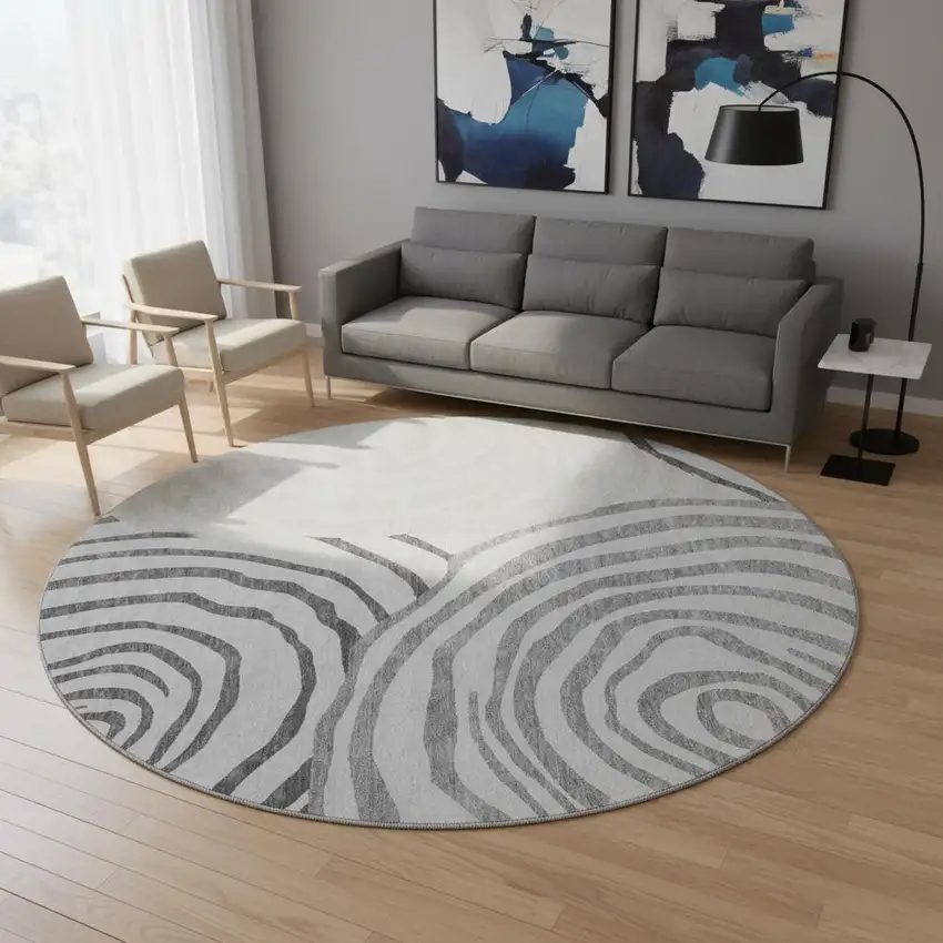 8' Gray Silver And Beige Abstract Washable Round Rug With UV Protection Photo 2