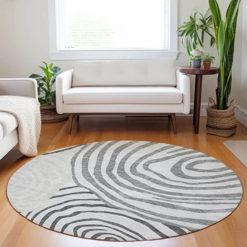 8' Gray Silver And Beige Abstract Washable Round Rug With UV Protection Photo 5