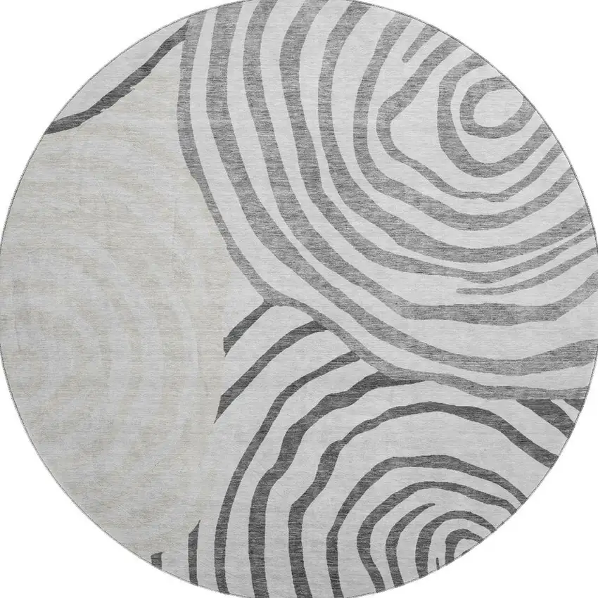 8' Gray Silver And Beige Abstract Washable Round Rug With UV Protection Photo 4
