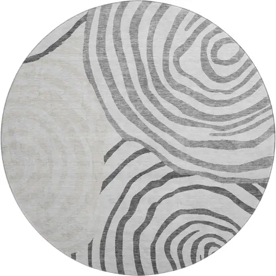 8' Gray Silver And Beige Abstract Washable Round Rug With UV Protection Photo 1