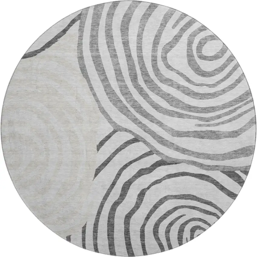 8' Gray Silver And Beige Abstract Washable Round Rug With UV Protection Photo 1