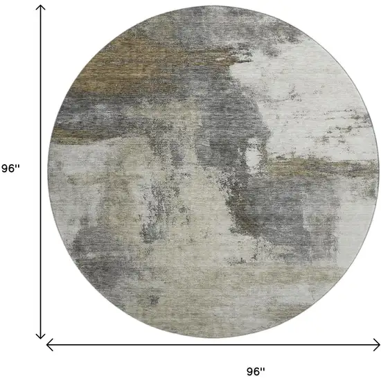 8' Gray Silver And Beige Abstract Washable Round Rug With UV Protection Photo 9