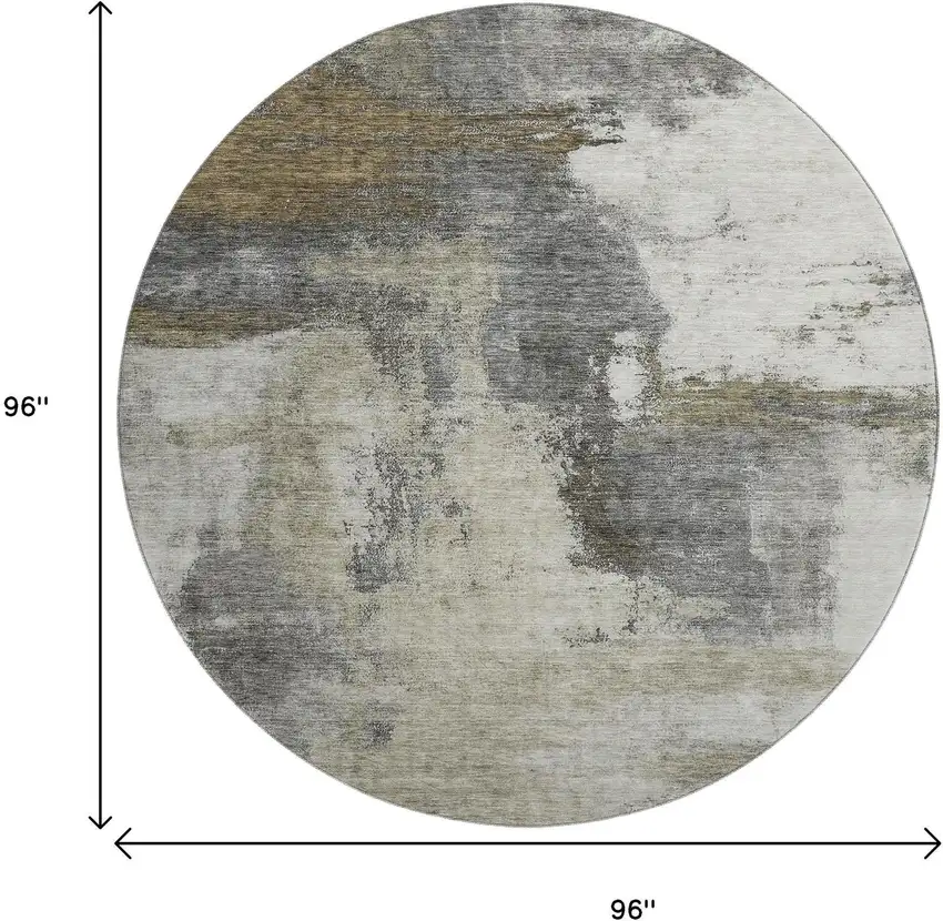 8' Gray Silver And Beige Abstract Washable Round Rug With UV Protection Photo 9