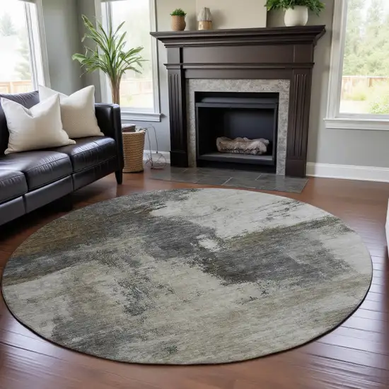 8' Gray Silver And Beige Abstract Washable Round Rug With UV Protection Photo 4