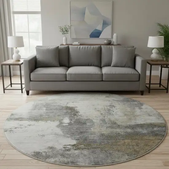 8' Gray Silver And Beige Abstract Washable Round Rug With UV Protection Photo 2