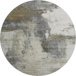 Photo of 8' Gray Silver And Beige Abstract Washable Round Rug With UV Protection