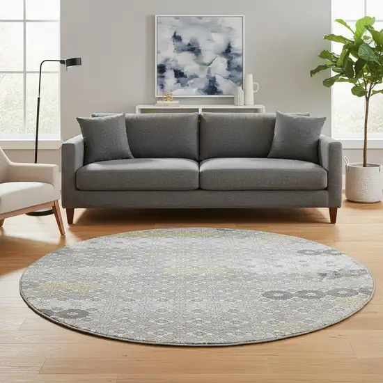 8' Gray Silver And Beige Geometric Washable Round Rug With UV Protection Photo 2