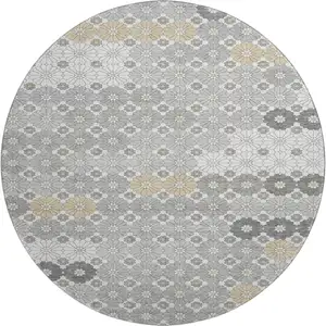 Photo of 8' Gray Silver And Beige Geometric Washable Round Rug With UV Protection