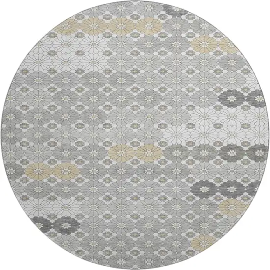 8' Gray Silver And Beige Geometric Washable Round Rug With UV Protection Photo 1