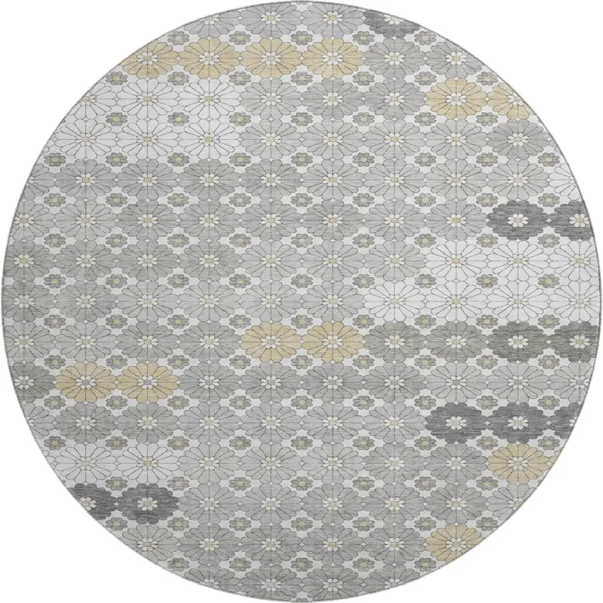 8' Gray Silver And Beige Geometric Washable Round Rug With UV Protection Photo 1