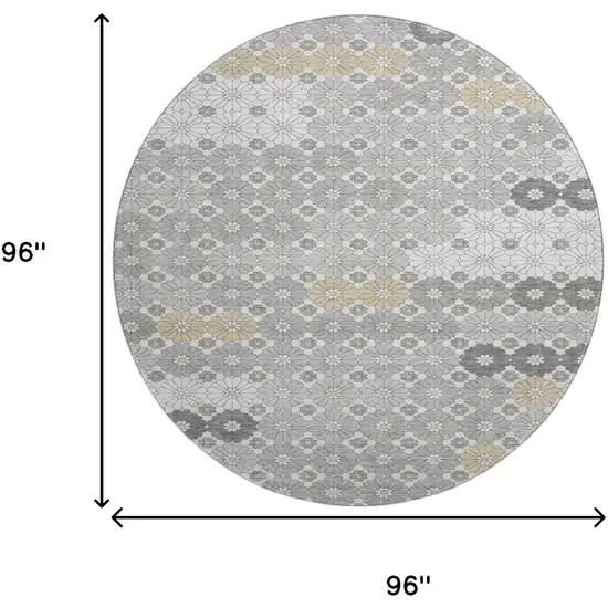8' Gray Silver And Beige Geometric Washable Round Rug With UV Protection Photo 9