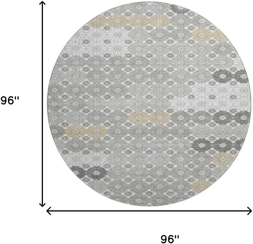 8' Gray Silver And Beige Geometric Washable Round Rug With UV Protection Photo 9